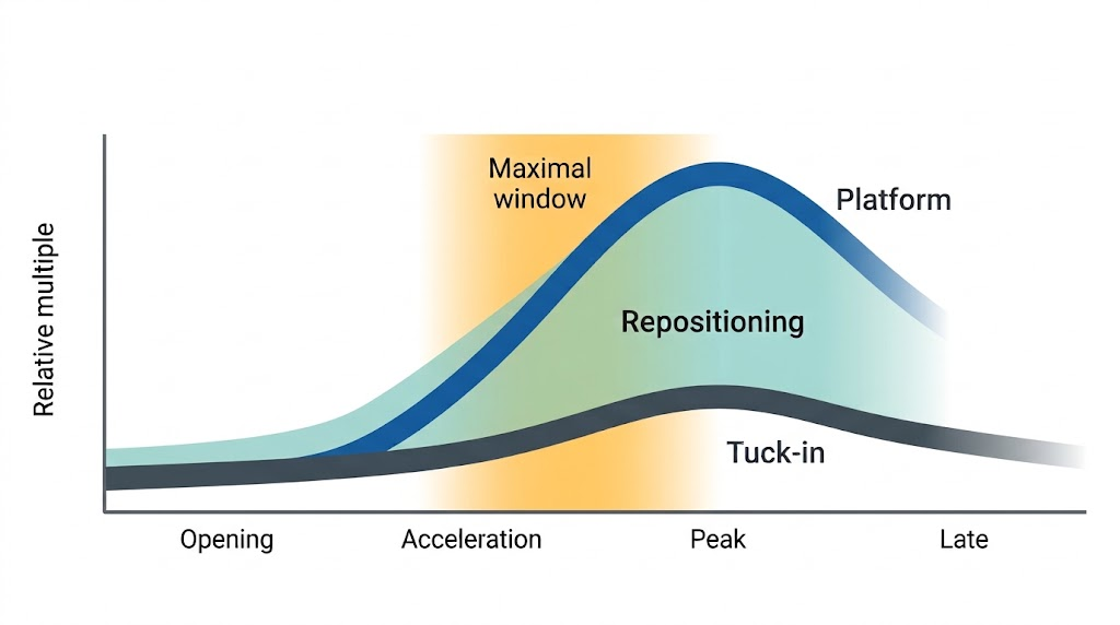 Illustrative multiple curves for tuck-in, platform, and repositioning across opening, acceleration, peak, and late consolidation phases